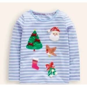 Mini Boden‎ Kids Blue Striped Christmas Applique Long Sleeve T Shirt Size 7-8Y
